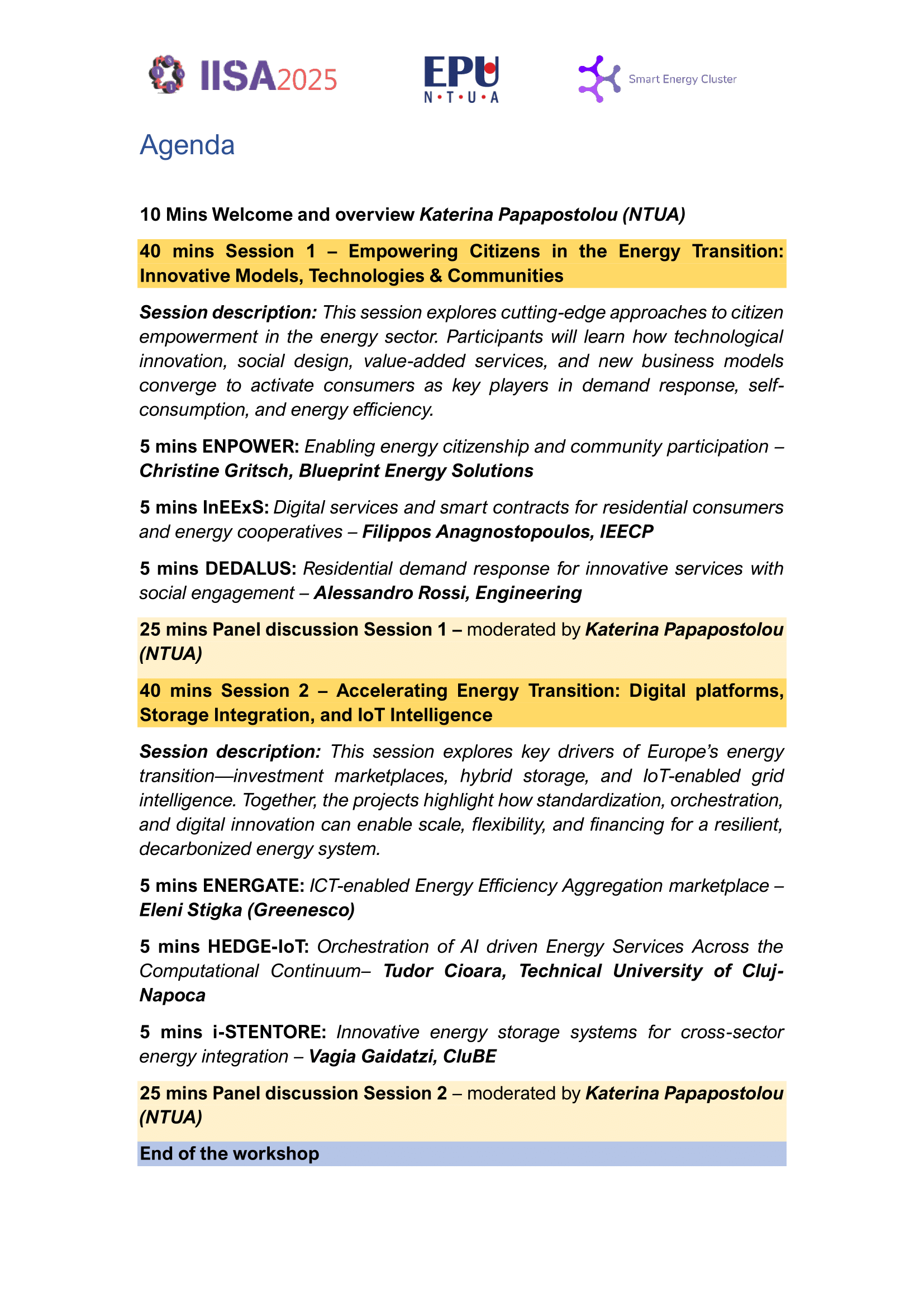 IISA 2025 Smart Energy Cluster session agenda. A text version follows.