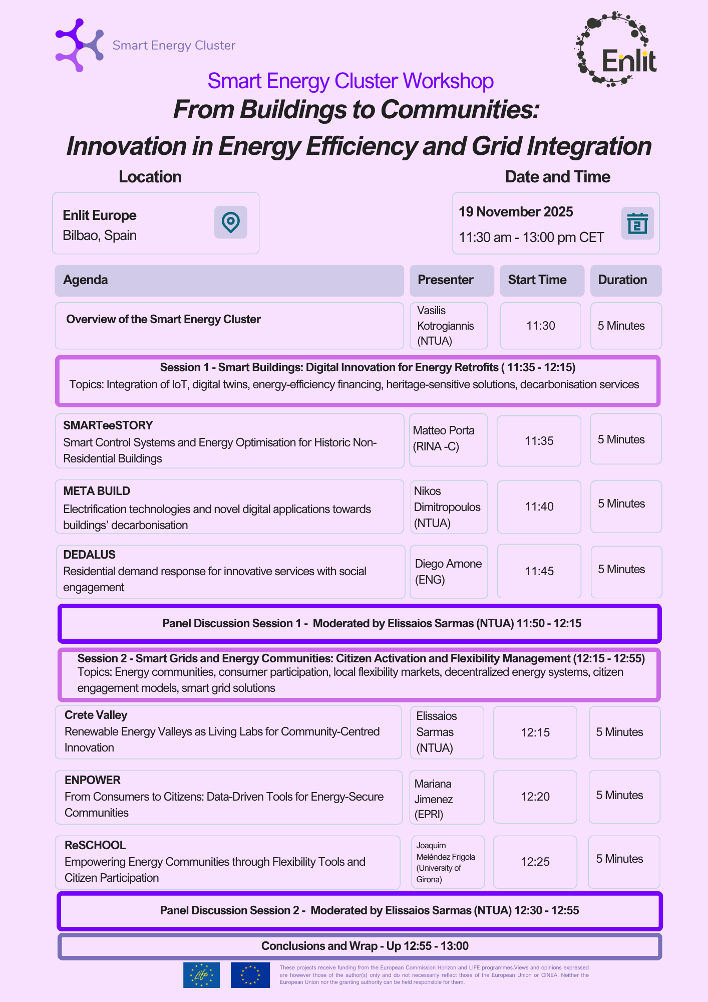 Enlit Europe 2025 Smart Energy Cluster workshop agenda. A text version follows.